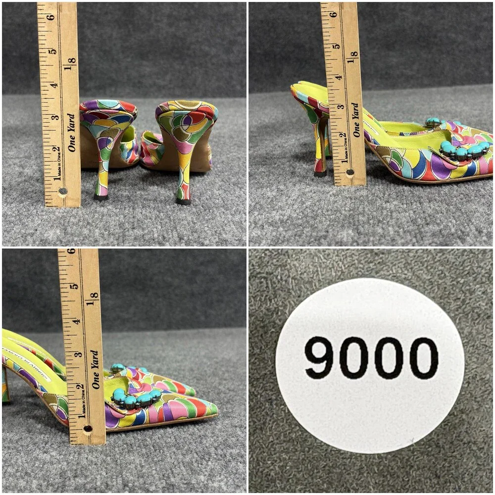 Manolo Blahnik Atomica Shoes Womens 5 Green Blue Printed Silk Mules Heels Italy